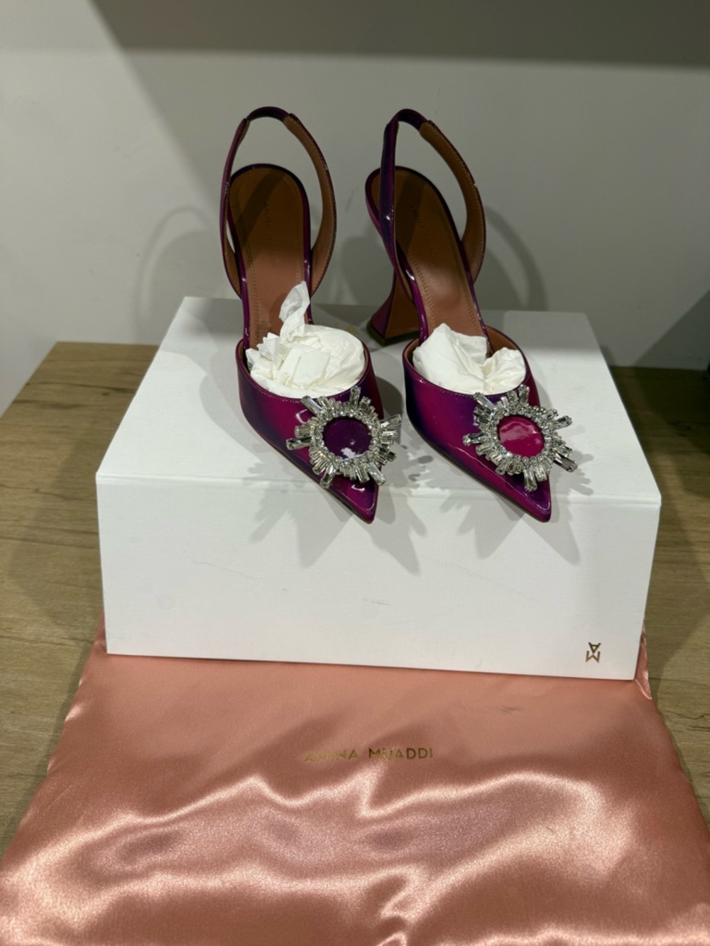 Amina muaddi Magenta Satin Slingback Pumps with Crystal Sunburst